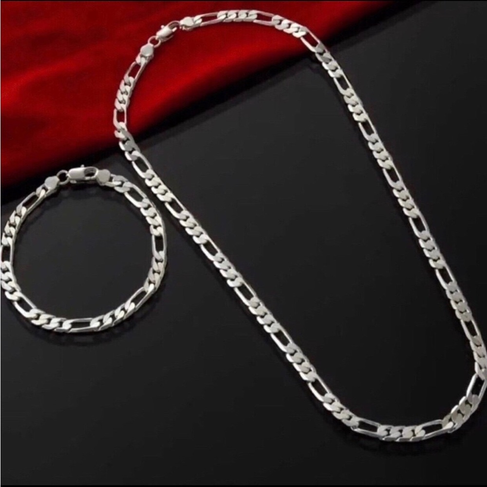 Sterling Silver Figaro Chain Necklace and Bracelet Set - Classic Women's Jewelry